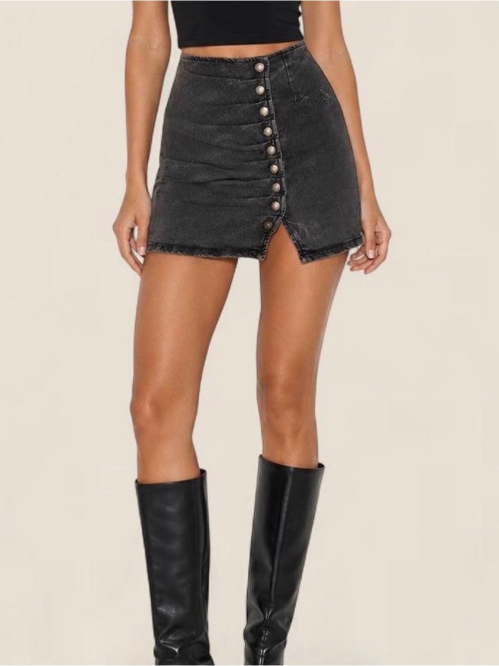 Retrofête Willa Light Acid Grey Faded Black Acid Wash Italian Denim Mini Skirt L
